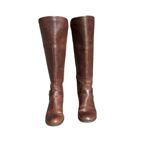 G by GUESS Hailee Brown Knee High Leather Riding Boots Low Heel Inside Zip 6.5 - Picture 2 of 7